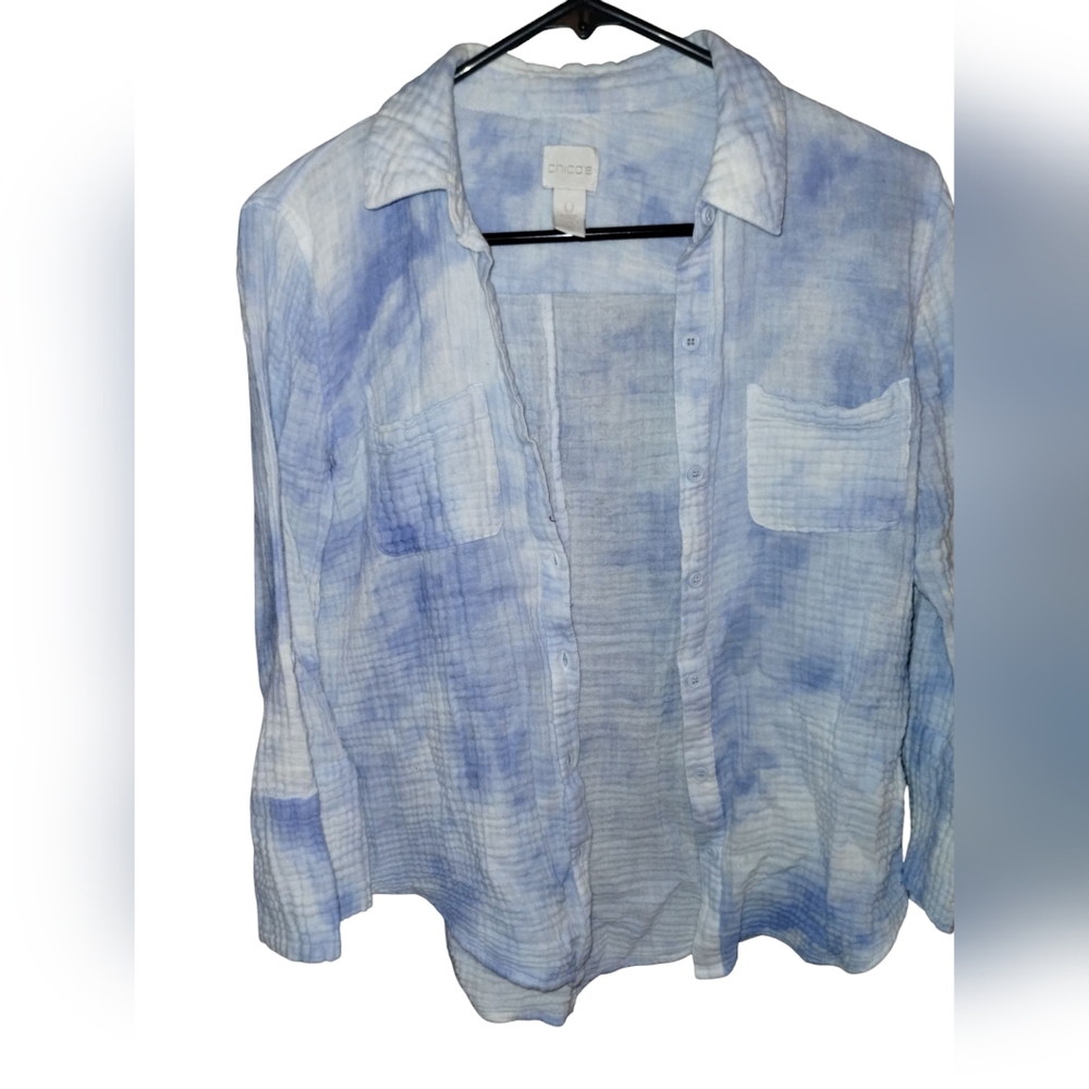 Chicos Blue Tie-Dye Button-Up Long Sleeve Gauze Shirt Great Condition